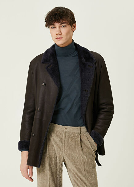 Kahverengi Shearling Detaylı Deri Mont