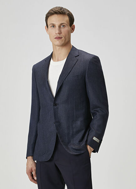 Dark Navy Blue Patterned Wool Jacket