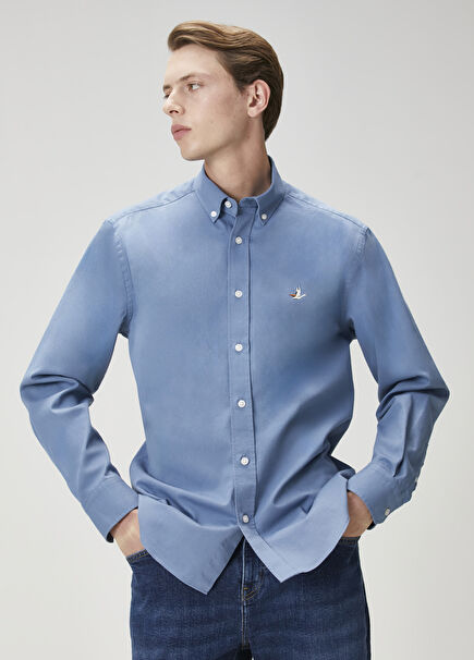 Comfort Fit Blue Gabardine Texture Shirt