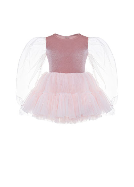 Pembe Kadife Balon Kol Tütülü Kız Çocuk Elbise