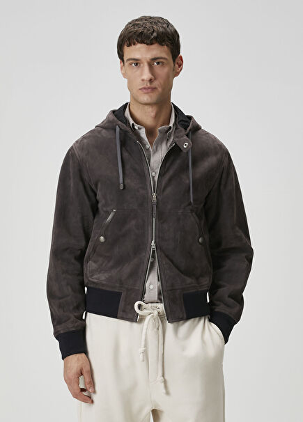 Antrasit Kapüşonlu Süet Mont