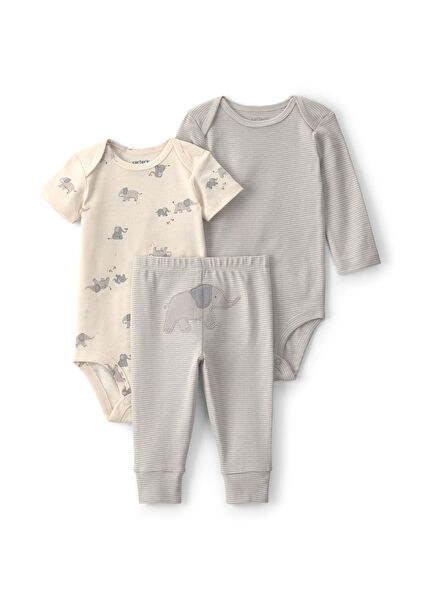 Gri Fil Temalı Pamuklu Body ve Tayt Unisex Bebek 3'lü Set