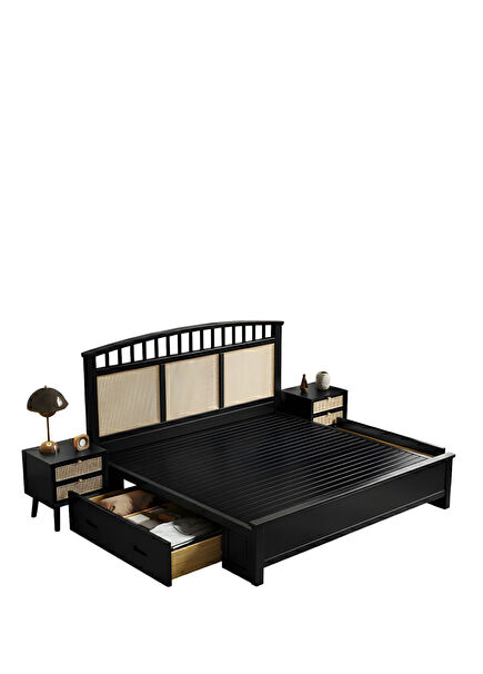 Karo Hazeranlı Ahşap Çift Kişilik Komodinli Karyola