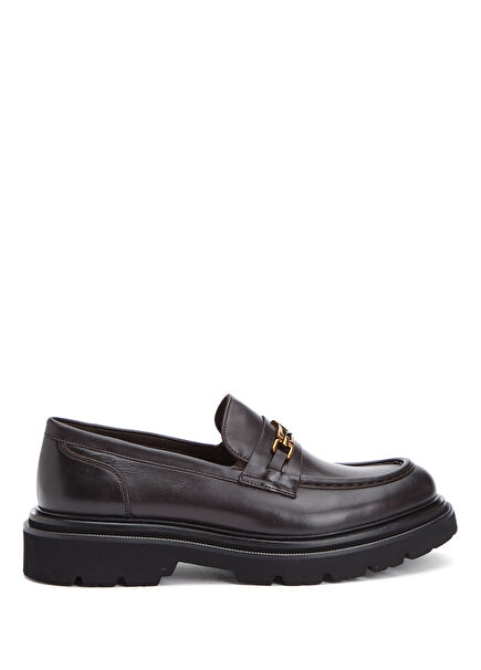 Brown Chain Logo Women's Leather Loafer
