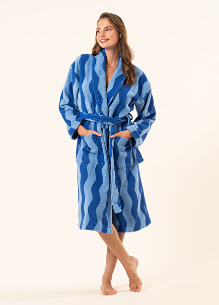 Tabea Açık Mavi Koyu Mavi  %100 Pamuk Unisex Bornoz