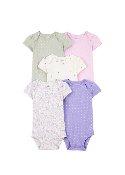 Renkli Pamuklu Çıtçıtlı Kısa Kollu Kız Bebek 5'li Body Seti