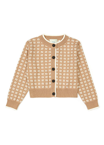 Beige Logo Patterned Girls' Knitted Cardigan