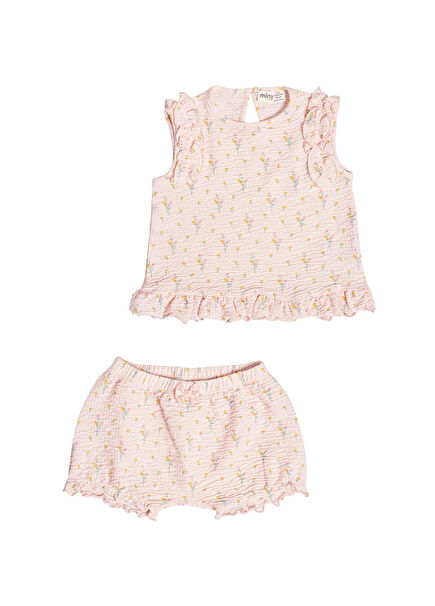 Çıtçıtlı Pembe Fırfırlı Kolsuz Bluz ve Şort Kız Bebek 2'li Set