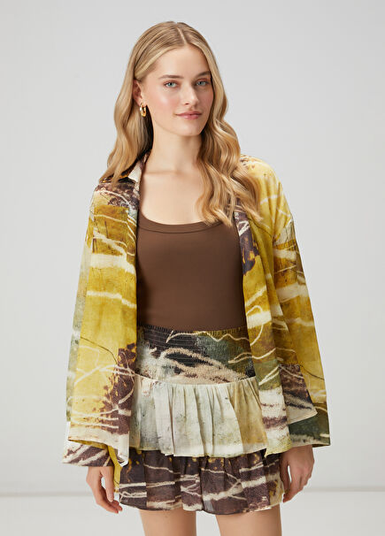 Sarı Desenli Kruvaze Keten Gömlek