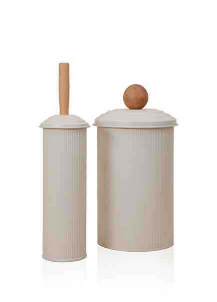 Stripe Bej Galvaniz Çöp Kovası & Tuvalet Fırçası 2'li Banyo Seti