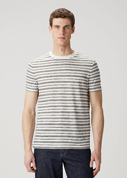 Kahverengi Çizgili Keten T-shirt