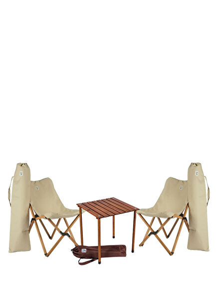 Wooden Brown Beige Folding Camping Table and Chair Set