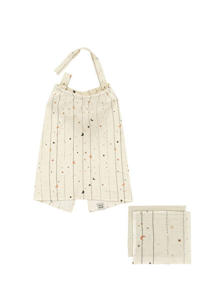 Moonloops Krem Yıldızlı Desenli Emzirme Örtüsü ve 2'li Ağız Mendili Seti