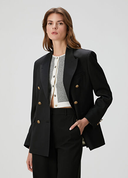Siyah Kruvaze Yün Blazer