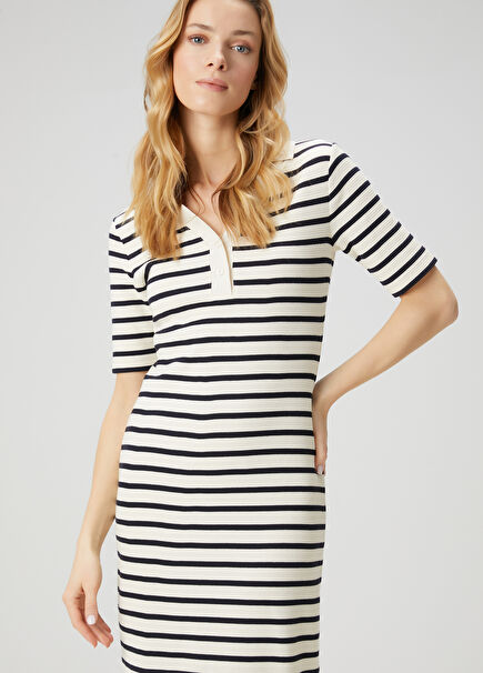 Ecru Navy Blue Striped Midi Polo Dress