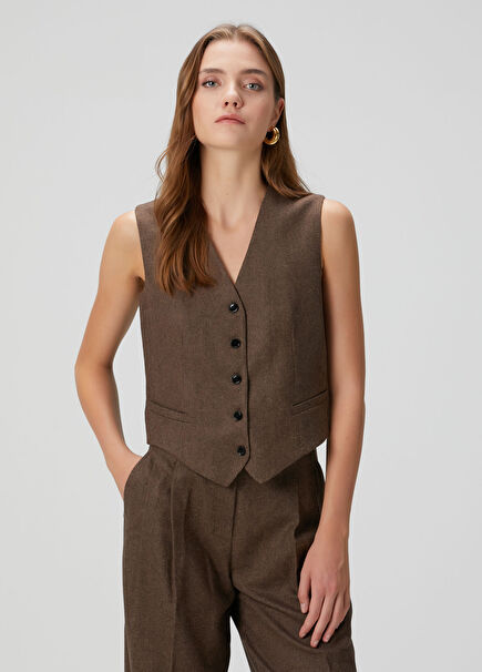 Kahverengi Yün Karışımlı Yelek