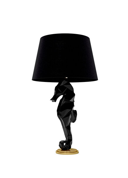 Deniz Atı Figürlü Siyah Ahşap Abajur