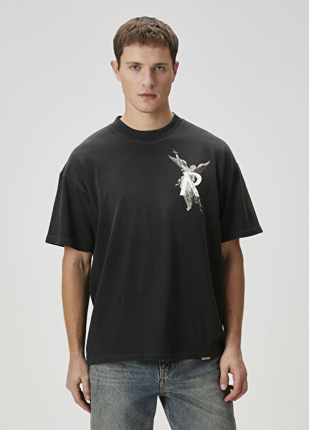 Black Figure Printed Logo Detailed T-Shirt