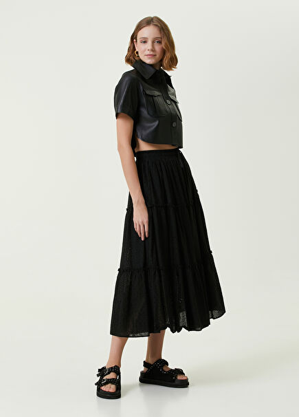 Black Lace-Up Embroidered Midi Skirt