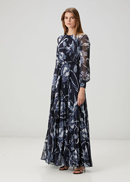 Navy Blue Floral Pleated Maxi Dress