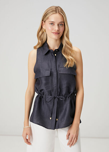 Navy Blue Shiny Linen Vest With Gathered Waist