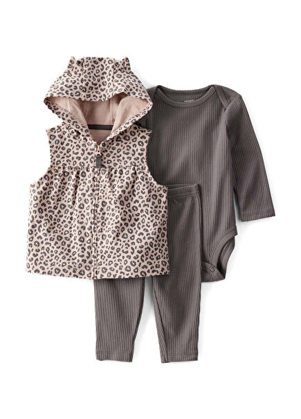 Brown Vest Pants and Snap Body Baby Girl Set of 3