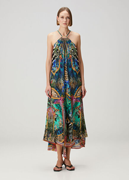 Desenli Midi İpek Plaj Elbisesi