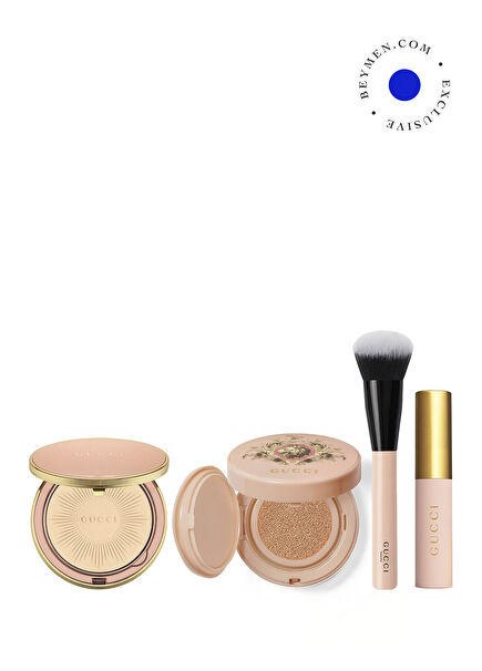 Cushion De Beaute 02.5 Fair Foundation + Beauty Matte Powder Revamp 01 Warm + Gucci Brush & Mini Mascara Makeup Set