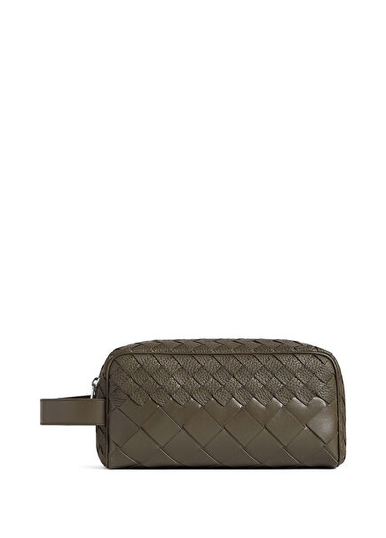 Haki Örgü Dokulu Deri Tıraş Çantası