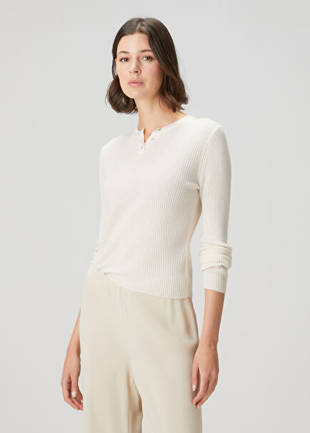 Henley Off-White Long Sleeve Cashmere T-Shirt