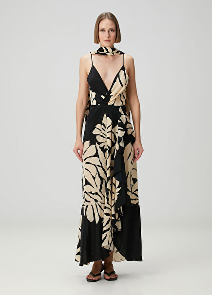 Santa Cruz Black Beige Print Maxi Silk Dress