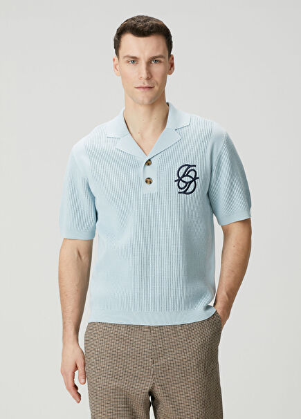 Açık Mavi Polo Yaka Ajurlu Kısa Kollu Triko