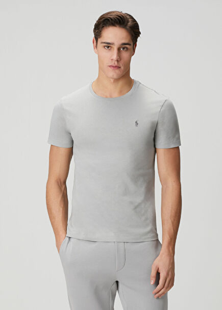 Gri Logo Nakışlı Basic T-shirt