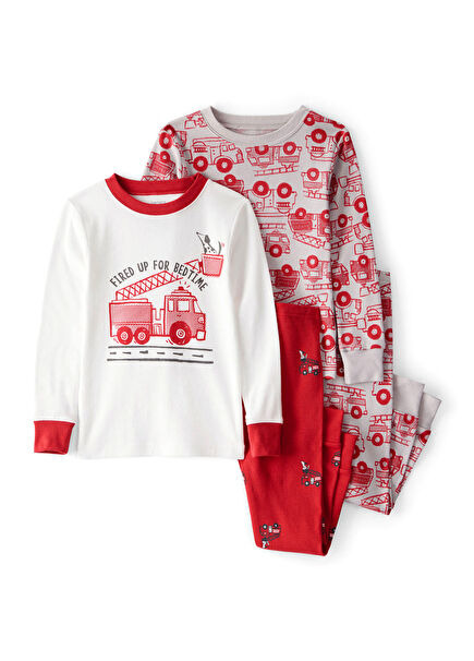 Kırmızı İtfaiye Desenli Pamuklu Erkek Bebek 4'lü Pijama Seti