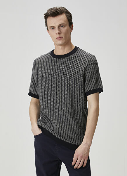 Navy Blue Knit Textured Short Sleeve Sweater