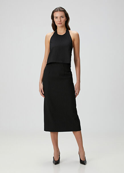 Black Striped Midi Wool Pencil Skirt