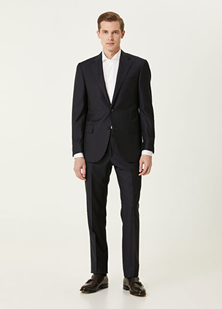 Koyu Lacivert Çizgi Desenli Yün Takım Elbise