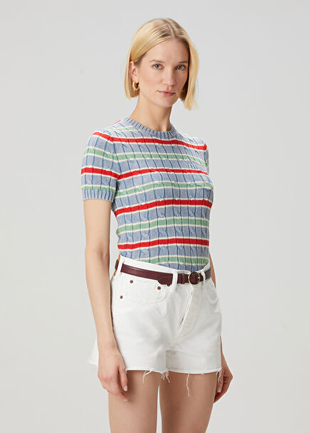 Blue Striped Short Sleeve Cable Knit Sweater