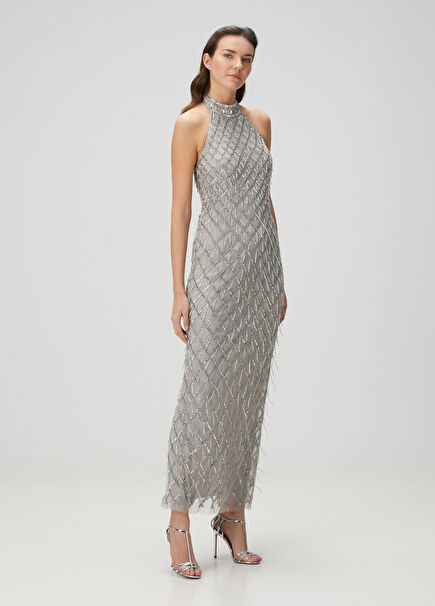 Silver Embellished Maxi Evening Dress