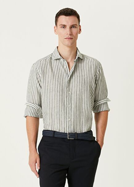 Koyu Yeşil Çizgi Desenli Keten Gömlek