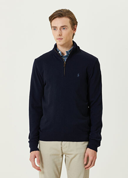 Lacivert Yakası Fermuarlı Yün Kazak