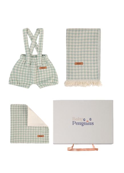 Green Plaid Patterned Cotton Baby Boy Salopet Set
