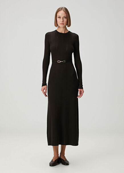 Brown Midi Wool Knit Dress