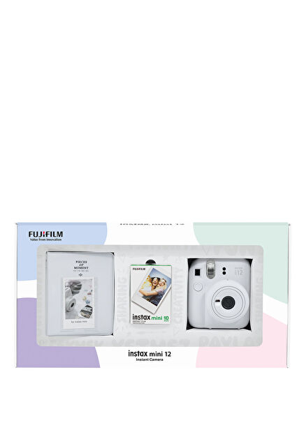 Instax Mini 12 Beyaz Fotoğraf Makinesi + 10'lu Film ve PVC Albüm Bundle Box