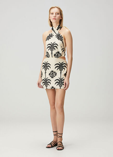 Ecru Black Patterned Mini Beach Dress