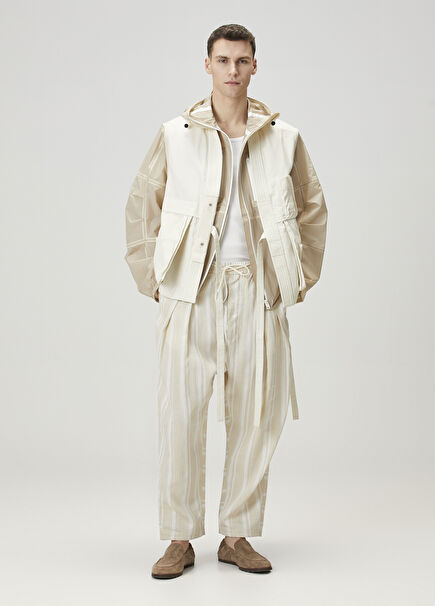 Ecru Waist Corded Stripe Patterned Linen Trousers