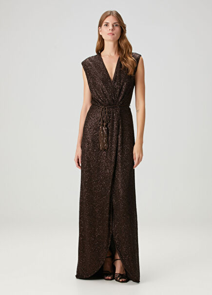 Kahverengi İşlemeli Maksi Abiye Elbise