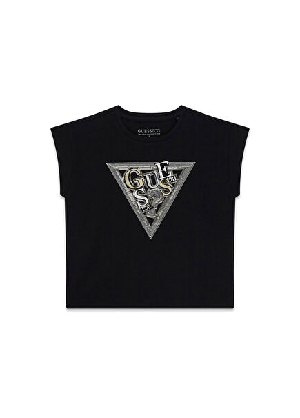 Baskılı Siyah Kısa Kollu Kız Çocuk T-shirt