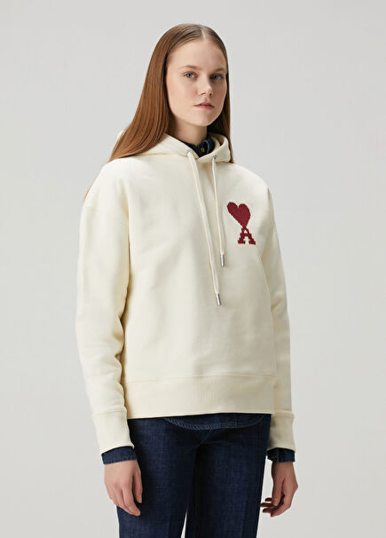Ekru Kırmızı Kapüşonlu Logolu Sweatshirt