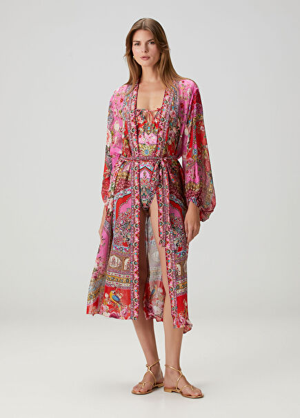 Çok Renkli Desenli İpek Kimono